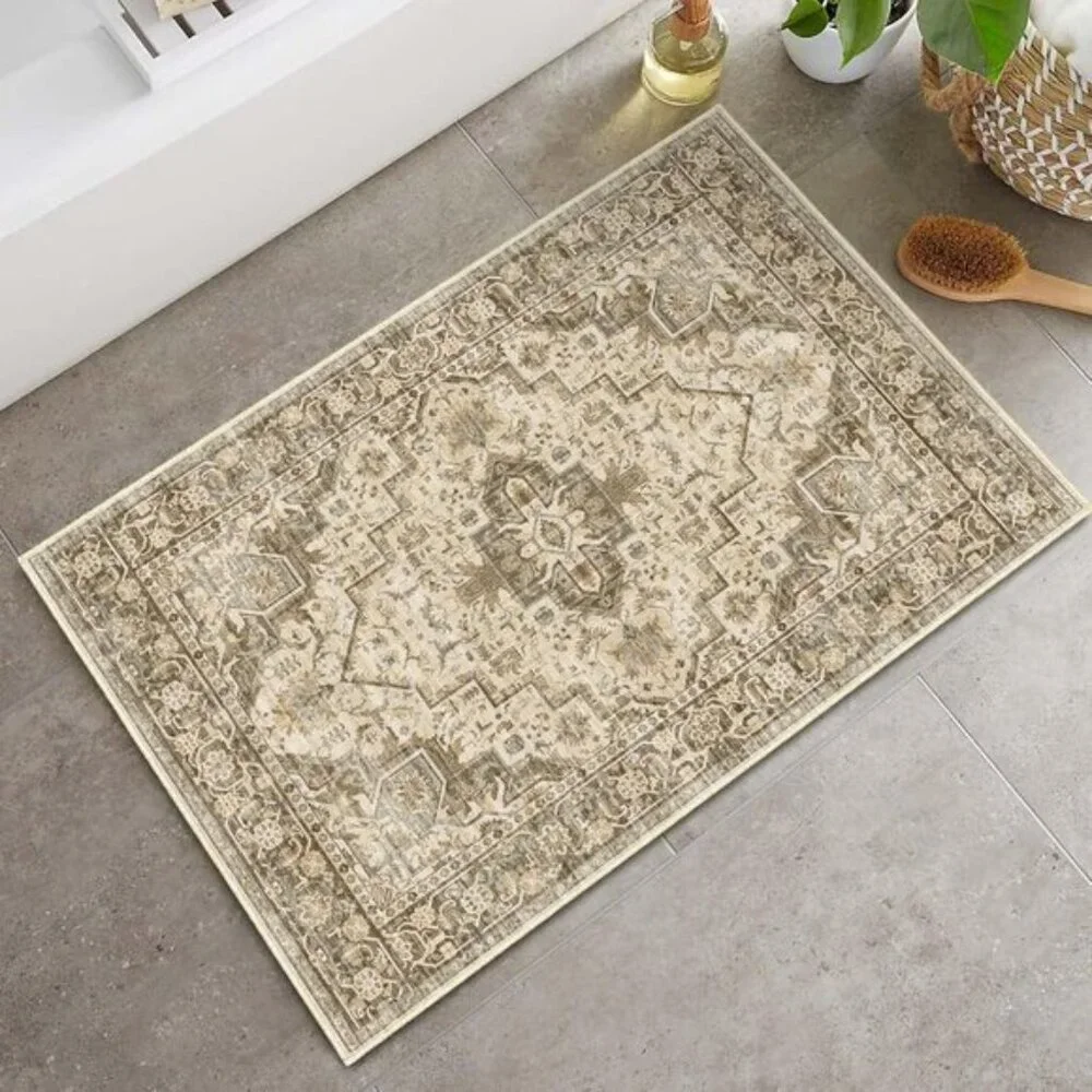 New 2x3 Washable Area Rug, Brown Vintage Floral Non-Slip Mat for Entry & Home